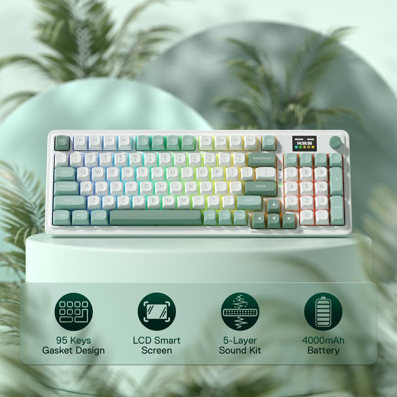 REDRAGON K719 Wireless Gasket Gaming Keyboard with Hype Screen, 95 Keys, 5-Layer Noise Dampening, Custom Linear Switch, Jade Cloud Color