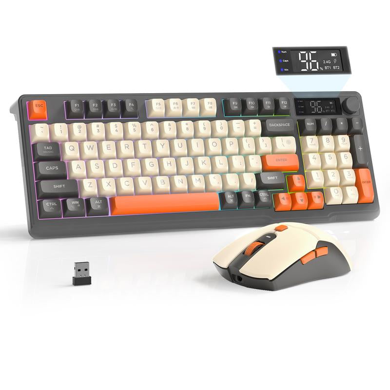 MAMBASNAKE×ZIYOU LANG M96 Wireless Keyboard Creamy Silent Membrane with Rainbow Backlight Media Knob LCD Screen Dual Mode-Bluetooth/2.4Ghz,Ball Shape PBT Keycap 94 Key ANSI Layout for Win Mac PC Gamer