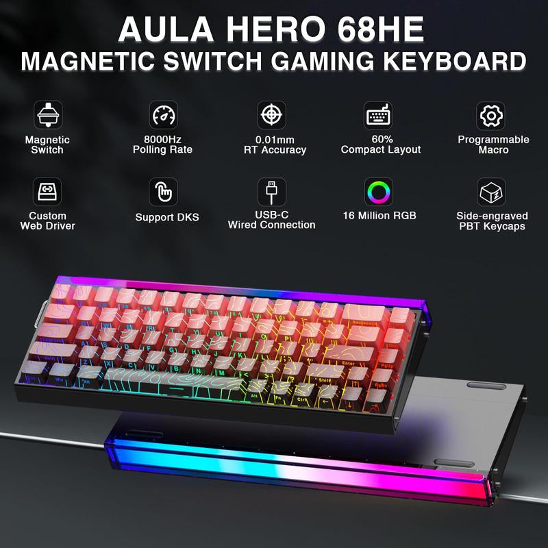 AULA Hero 68 HE 60% Wired Gaming Keyboard - Hall Effect Switches, 8K Hz Polling Rate, RGB Backlit, Customizable Software for PC/Mac Gamers