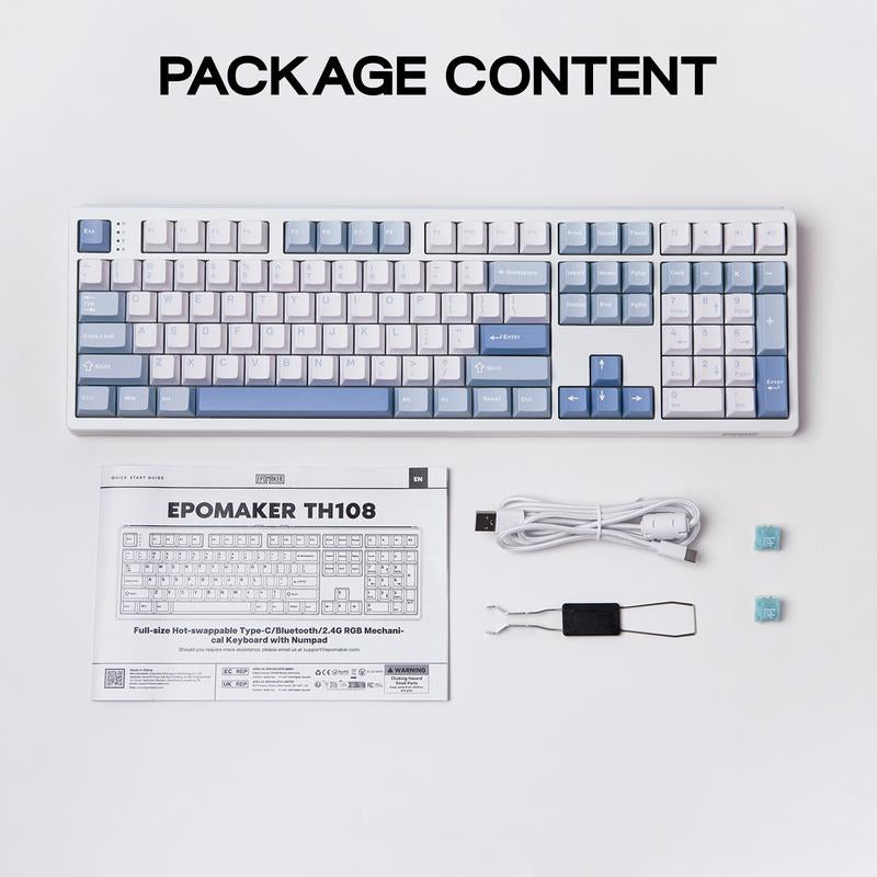 EPOMAKER TH108 Wireless Mechanical Keyboard - 108 Keys, Hot Swappable, RGB Backlit, Tri-Mode Connectivity for PC/Mac/Linux - Perfect for Gaming & Office Use!