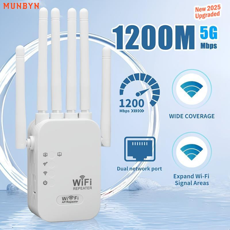 MUNBYN Wifi Extender 2025, 1200Mbps Dual Band Signal Booster (5Ghz/2.4Ghz) Covers up to 10,000 Sq. Ft & Connects 50 Devices | Repeater with Ethernet Port for Home Use