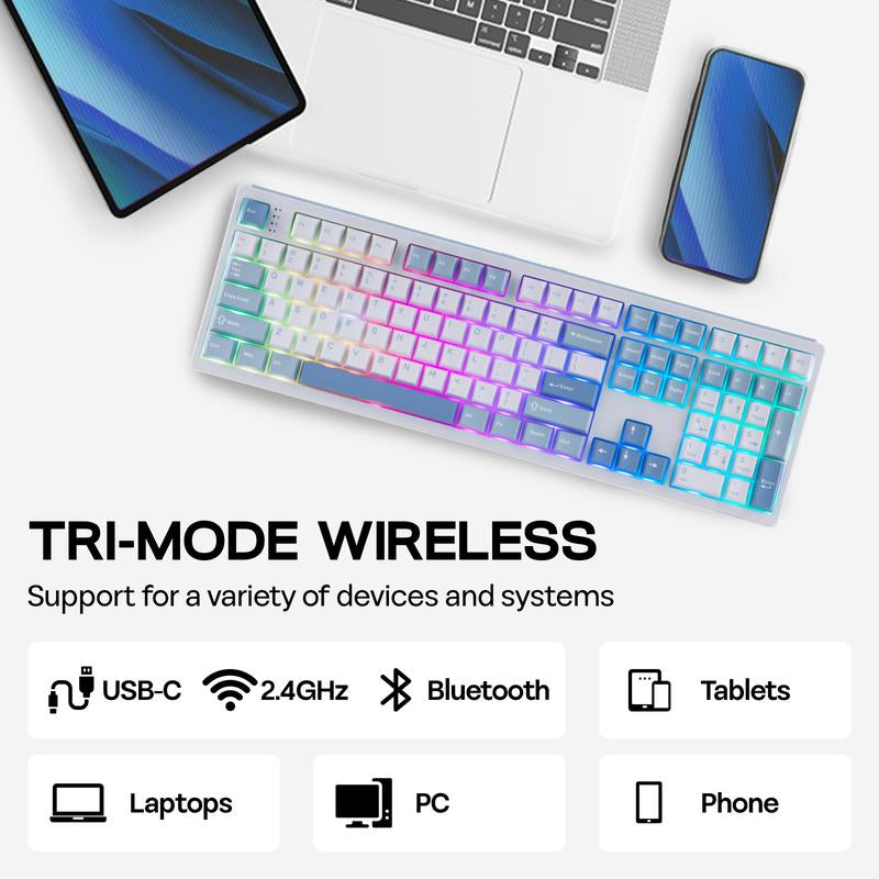 EPOMAKER TH108 Wireless Mechanical Keyboard - 108 Keys, Hot Swappable, RGB Backlit, Tri-Mode Connectivity for PC/Mac/Linux - Perfect for Gaming & Office Use!