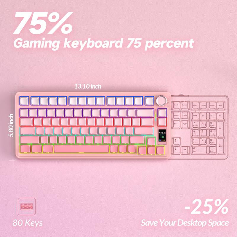 [New]Aula S75 Pro Wireless Mechanical Gaming Keyboard with Screen Knob RGB Rainbow Backlit Tri-Mode 2.4G USB-C Bluetooth5.0 Hot Swappable Gaming Keyboard for Gamers Gaming PC Accessories Gasket Custom Creamy Keyboard