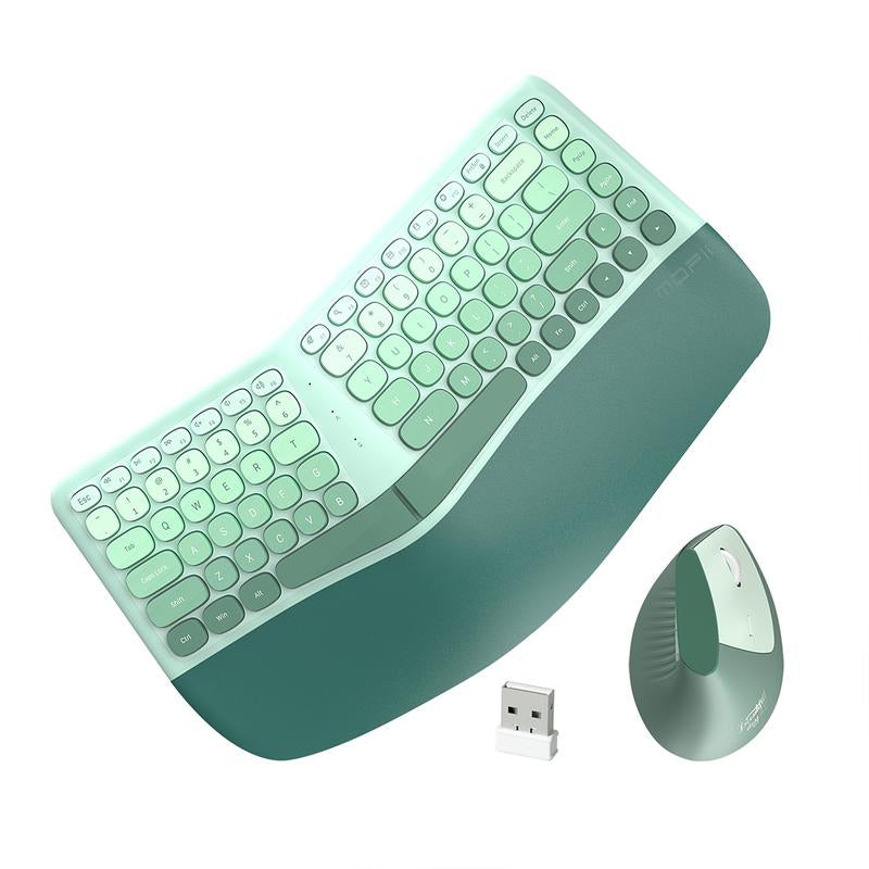 MOFII Ergonomic Design Keyboard and Mouse, 2.4G USB Wireless Comfortable Natural Typing Split Keyboard and Mouse Combo with Palm Rest, for Windows Computer Desktop Laptop ,Green Colorful,Powered by AAA Batteries(Batteries Not Included)