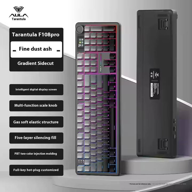 Limited Time Offer: AULA F108 Pro Tri-Mode Wireless Mechanical Keyboard - Hot Swappable RGB, Smart Screen Knob, Full Size 108 Keys, USB-C & Bluetooth 2.4GHz for Gaming & Office!