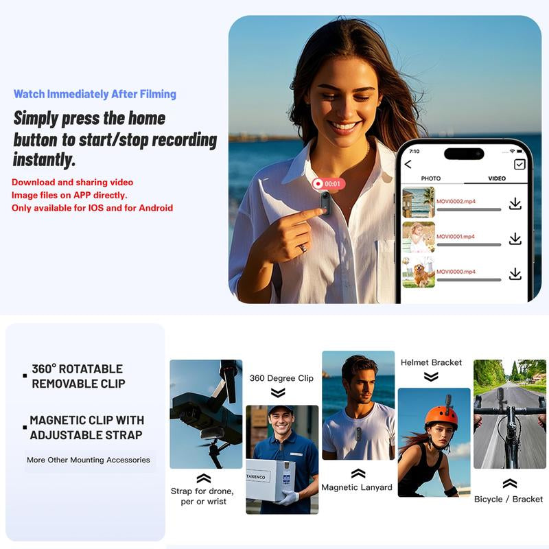 Mini Action Camera, Wearable Recording Camera, 64GB Memory Card Included, 1080P Full HD Video Quality, Waterproof Design, Perfect for Sports & Daily Use