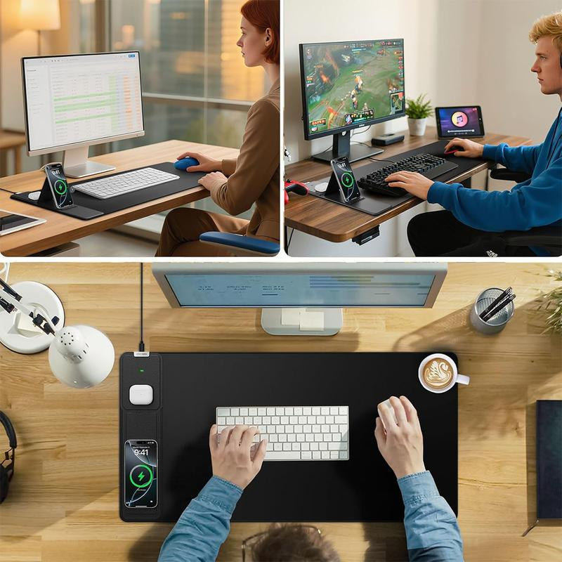 15W Wireless Charging Mouse Pad with Foldable Phone Holder, 31.5"X15.8" Extended Desk Mat for Laptop/Keyboard, Waterproof Ultra-Smooth Surface, Non-Slip Base