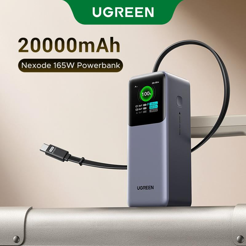 UGREEN Nexode Power Bank 20000Mah 165W with Built-In Retractable USB C Cable Laptop Travel Portable Charger, 100W Input, Fast Charging for Macbook Pro/Air/Iphone 17 16/Ipad Pro/Galaxy S25 Ultra/Dell/Hp and More Tiktokshopblackfriday ,Tiktokshopcybermonday