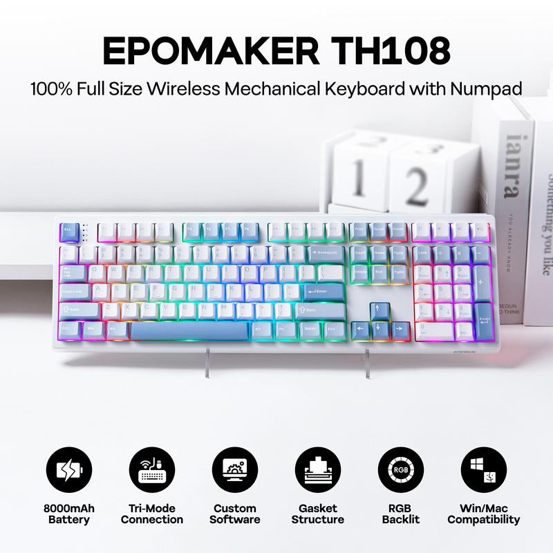 EPOMAKER TH108 Wireless Mechanical Keyboard - 108 Keys, Hot Swappable, RGB Backlit, Tri-Mode Connectivity for PC/Mac/Linux - Perfect for Gaming & Office Use!