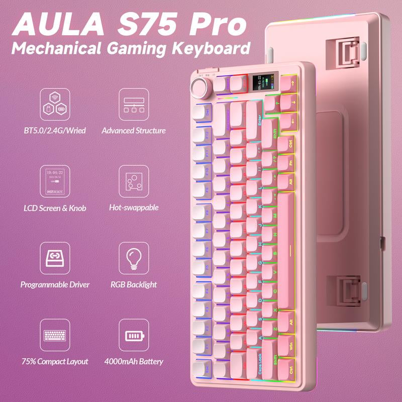 [New]Aula S75 Pro Wireless Mechanical Gaming Keyboard with Screen Knob RGB Rainbow Backlit Tri-Mode 2.4G USB-C Bluetooth5.0 Hot Swappable Gaming Keyboard for Gamers Gaming PC Accessories Gasket Custom Creamy Keyboard