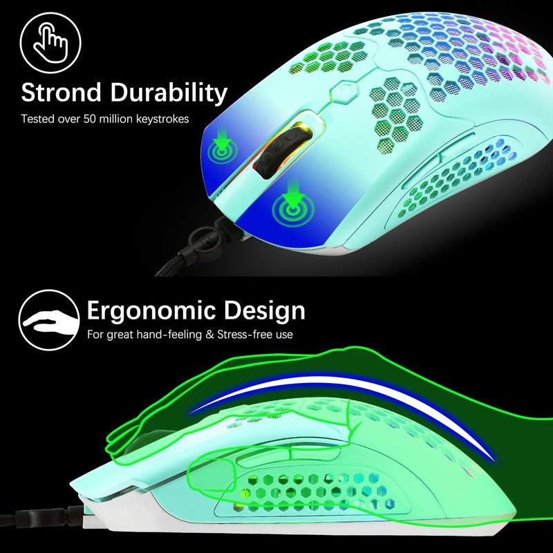MAMBASNAKE Wired Gaming Keyboard and Mouse Combo,Blue LED Backlit Mechanical Keyboard,12K DPI RGB Ultra Light Gaming Mouse,Gaming Mouse Pad for PC Gamer(Macaron Green)