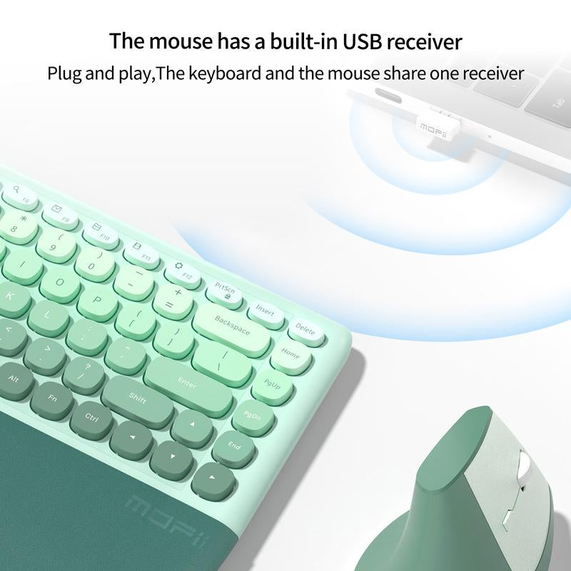 MOFII Ergonomic Design Keyboard and Mouse, 2.4G USB Wireless Comfortable Natural Typing Split Keyboard and Mouse Combo with Palm Rest, for Windows Computer Desktop Laptop ,Green Colorful,Powered by AAA Batteries(Batteries Not Included)