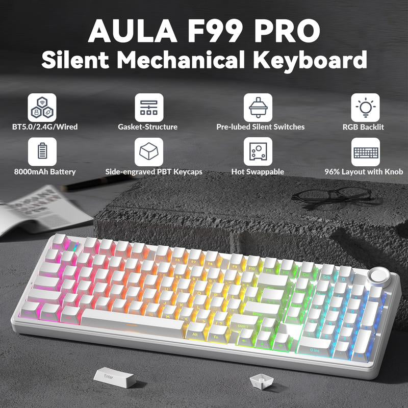 【Silent Keyboard】Aula F99 Pro Wireless Mechanical Keyboard-Silent Version,Bt5.0/2.4Ghz/Usb-C Hot Swappable Custom Keyboard,Gasket Structure,Pre-Lubed Linear Switches RGB Backlit Computer Gaming Keyboards,White Dealsforyoudays Tiktokshopfalldealsforyou