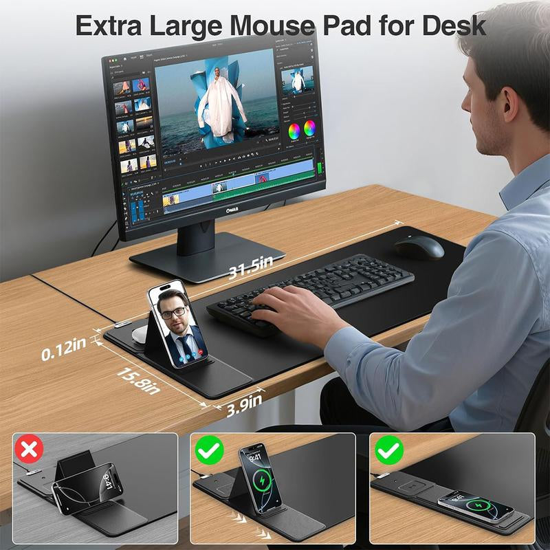 15W Wireless Charging Mouse Pad with Foldable Phone Holder, 31.5"X15.8" Extended Desk Mat for Laptop/Keyboard, Waterproof Ultra-Smooth Surface, Non-Slip Base