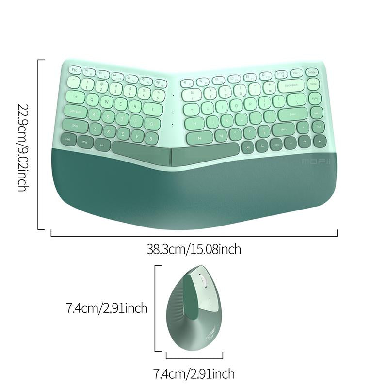 MOFII Ergonomic Design Keyboard and Mouse, 2.4G USB Wireless Comfortable Natural Typing Split Keyboard and Mouse Combo with Palm Rest, for Windows Computer Desktop Laptop ,Green Colorful,Powered by AAA Batteries(Batteries Not Included)