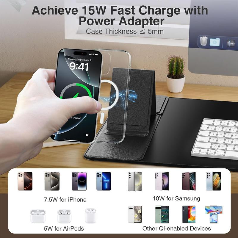 15W Wireless Charging Mouse Pad with Foldable Phone Holder, 31.5"X15.8" Extended Desk Mat for Laptop/Keyboard, Waterproof Ultra-Smooth Surface, Non-Slip Base