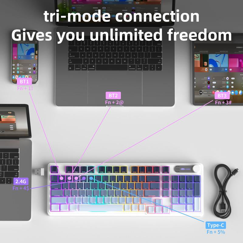 Magegee GK960 RGB Wired/Bluetooth/2.4G Keyboard - 98-Key Membrane with Customizable Lighting Effects, Adjustable Brightness & Speed