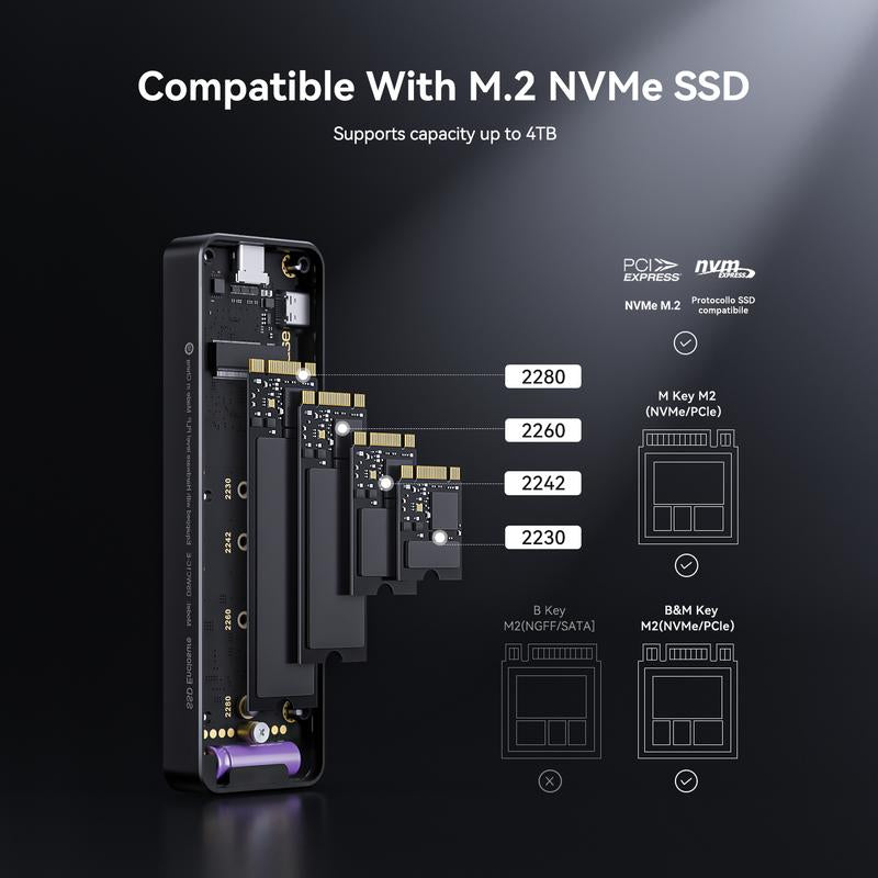 DOCKCASE Explorer Edition M.2 Nvme SSD Enclosure(Enclosure Only, SSD Not Included), USB C 3.2 Gen 2 (10 Gbps), Supports M-Key/B&M Key UASP, Fits Size 2230/2242/2260/2280 Ssds