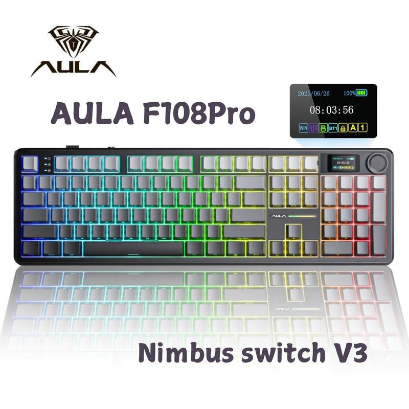 Limited Time Offer: AULA F108 Pro Tri-Mode Wireless Mechanical Keyboard - Hot Swappable RGB, Smart Screen Knob, Full Size 108 Keys, USB-C & Bluetooth 2.4GHz for Gaming & Office!