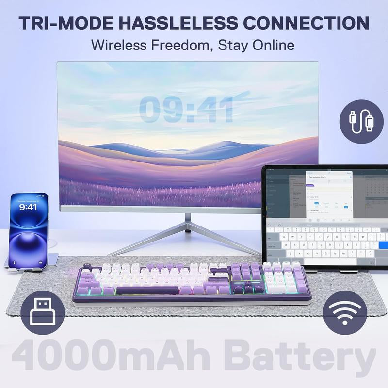 Redragon K745 PRO Wireless Gasket RGB Gaming Keyboard, 108 Keys Mechanical Keyboard W/Extra 4 Hotkeys, Hot-Swap South-Facing LED Socket, 5-Layer Noise Dampening, round PBT Keycaps, Mint Mambo Switch,Charming Purple