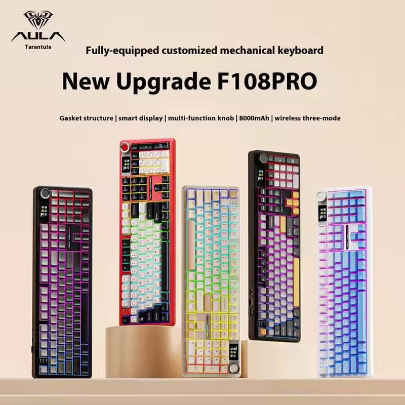 Limited Time Offer: AULA F108 Pro Tri-Mode Wireless Mechanical Keyboard - Hot Swappable RGB, Smart Screen Knob, Full Size 108 Keys, USB-C & Bluetooth 2.4GHz for Gaming & Office!