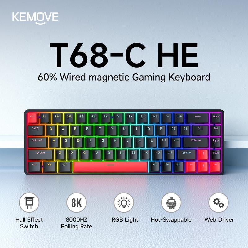 KEMOVE T68-C Magnetic Switch RGB Mechanical Gaming Keyboard - Compact 65% Layout for Esports & FPS Games, Linear Switches, ABS Keycaps, Windows Compatible