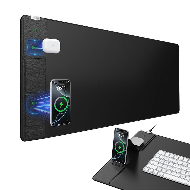 15W Wireless Charging Mouse Pad with Foldable Phone Holder, 31.5"X15.8" Extended Desk Mat for Laptop/Keyboard, Waterproof Ultra-Smooth Surface, Non-Slip Base