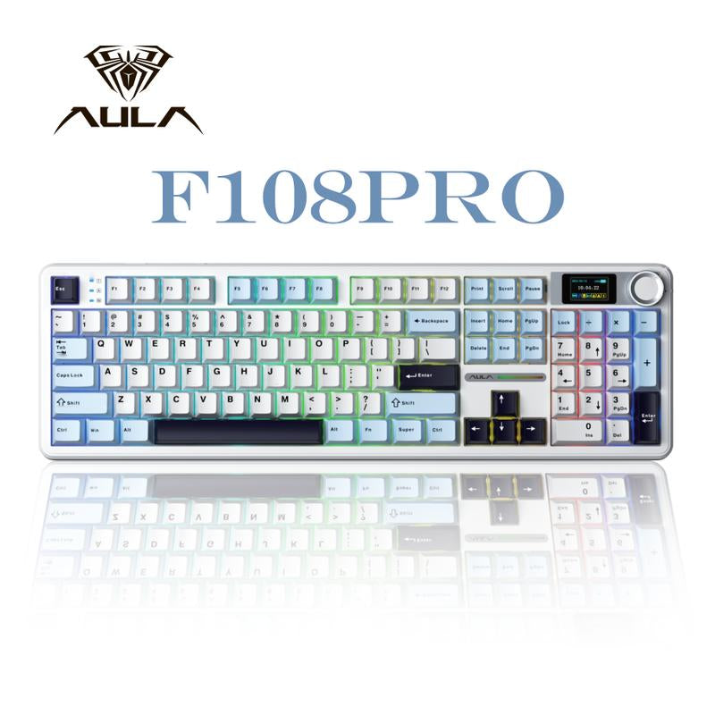 Limited Time Offer: AULA F108 Pro Tri-Mode Wireless Mechanical Keyboard - Hot Swappable RGB, Smart Screen Knob, Full Size 108 Keys, USB-C & Bluetooth 2.4GHz for Gaming & Office!