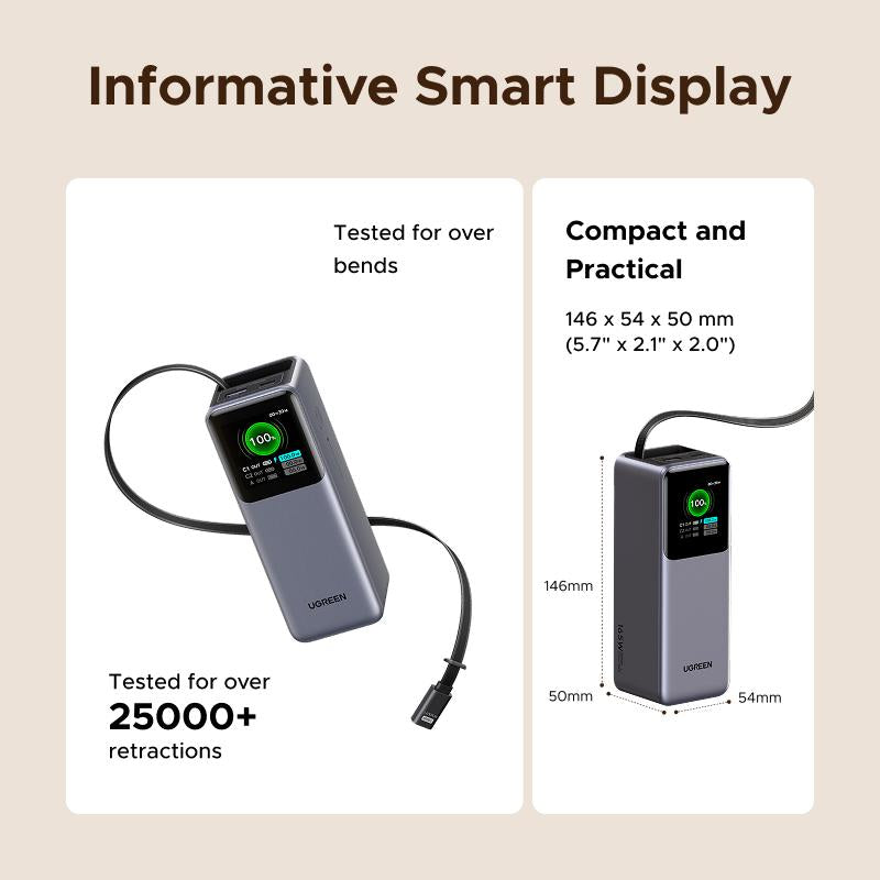 UGREEN Nexode Power Bank 20000Mah 165W with Built-In Retractable USB C Cable Laptop Travel Portable Charger, 100W Input, Fast Charging for Macbook Pro/Air/Iphone 17 16/Ipad Pro/Galaxy S25 Ultra/Dell/Hp and More Tiktokshopblackfriday ,Tiktokshopcybermonday