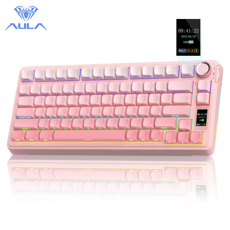 [New]Aula S75 Pro Wireless Mechanical Gaming Keyboard with Screen Knob RGB Rainbow Backlit Tri-Mode 2.4G USB-C Bluetooth5.0 Hot Swappable Gaming Keyboard for Gamers Gaming PC Accessories Gasket Custom Creamy Keyboard