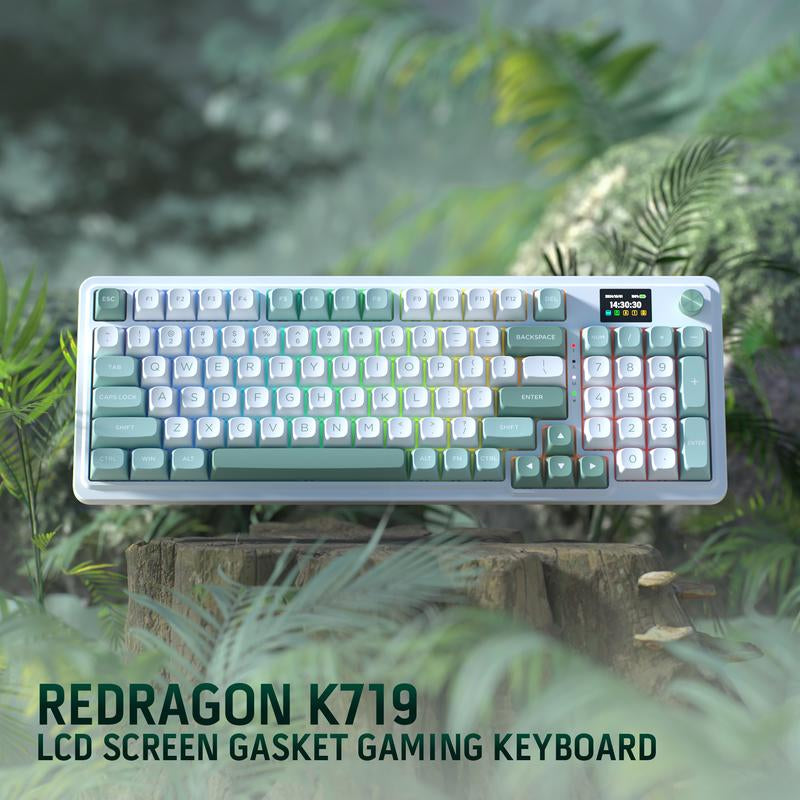 REDRAGON K719 Wireless Gasket Gaming Keyboard with Hype Screen, 95 Keys, 5-Layer Noise Dampening, Custom Linear Switch, Jade Cloud Color