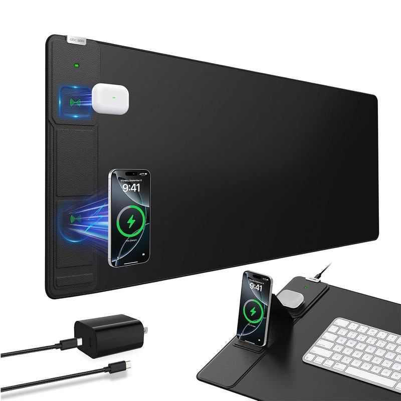 15W Wireless Charging Mouse Pad with Foldable Phone Holder, 31.5"X15.8" Extended Desk Mat for Laptop/Keyboard, Waterproof Ultra-Smooth Surface, Non-Slip Base