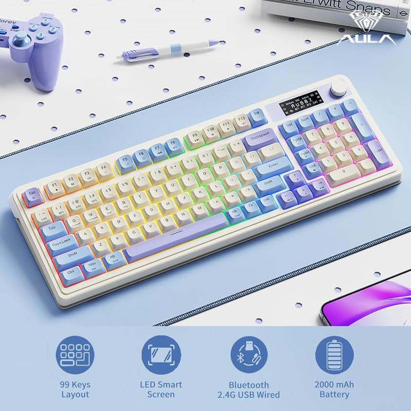 <NEW>AULA S99 Pro Keyboard, Tri-Mode Bluetooth/2.4Ghz/Usb-C Cute Creamy Gaming Keyboard with Number Pad RGB Backlit, Media Knob Custom Mechanical Feel Computer Keyboard for MAC Xbox PC Gamer S99 Keyboard Fixed Keycaps & Switches (Non-Replaceable)