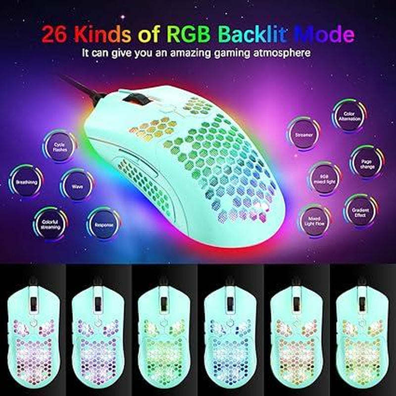 MAMBASNAKE Wired Gaming Keyboard and Mouse Combo,Blue LED Backlit Mechanical Keyboard,12K DPI RGB Ultra Light Gaming Mouse,Gaming Mouse Pad for PC Gamer(Macaron Green)