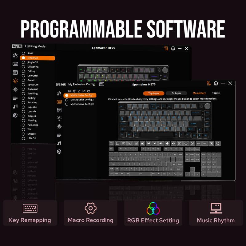 Epomaker HE75 75% Wireless Mechanical Keyboard - RGB Backlight, Metal Knob, Tri-Mode Connectivity for Gaming on Mac/Win