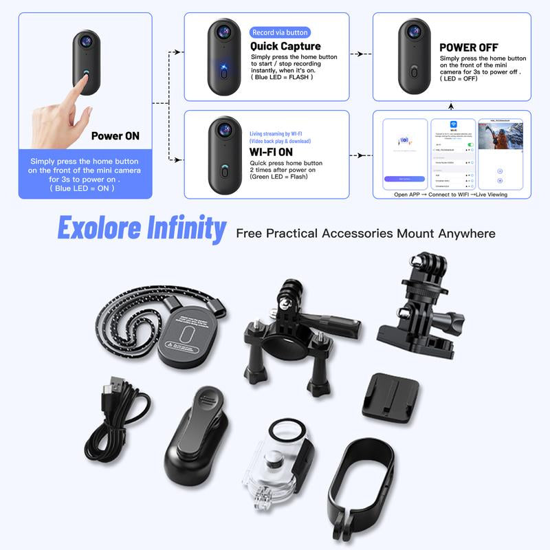 Mini Action Camera, Wearable Recording Camera, 64GB Memory Card Included, 1080P Full HD Video Quality, Waterproof Design, Perfect for Sports & Daily Use