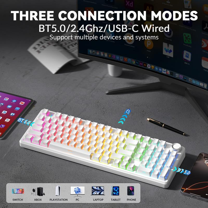 【Silent Keyboard】Aula F99 Pro Wireless Mechanical Keyboard-Silent Version,Bt5.0/2.4Ghz/Usb-C Hot Swappable Custom Keyboard,Gasket Structure,Pre-Lubed Linear Switches RGB Backlit Computer Gaming Keyboards,White Dealsforyoudays Tiktokshopfalldealsforyou