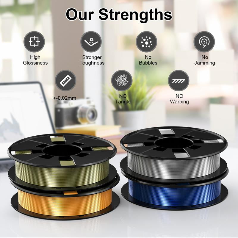Silk Shiny 3D Printer Filament Bundle, PLA Filament 1.75 Mm for 3D Printers, Dimensional Accuracy +/- 0.02 Mm, 200G X 4 Spools Set, 3Dprinter ,Fathersdaygift