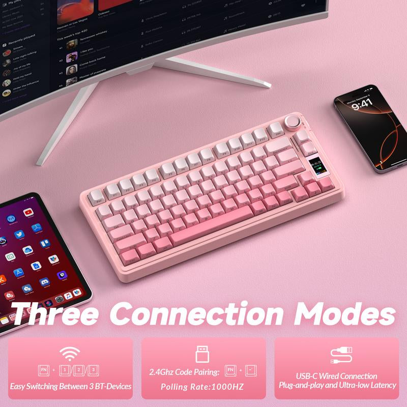 [New]Aula S75 Pro Wireless Mechanical Gaming Keyboard with Screen Knob RGB Rainbow Backlit Tri-Mode 2.4G USB-C Bluetooth5.0 Hot Swappable Gaming Keyboard for Gamers Gaming PC Accessories Gasket Custom Creamy Keyboard