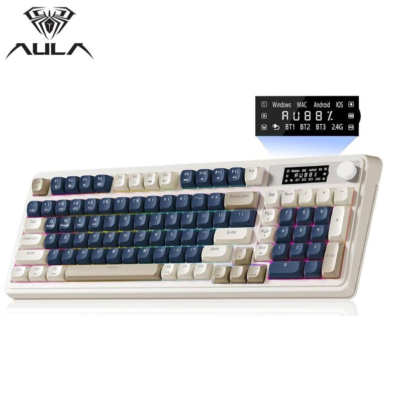 <NEW>AULA S99 Pro Keyboard, Tri-Mode Bluetooth/2.4Ghz/Usb-C Cute Creamy Gaming Keyboard with Number Pad RGB Backlit, Media Knob Custom Mechanical Feel Computer Keyboard for MAC Xbox PC Gamer S99 Keyboard Fixed Keycaps & Switches (Non-Replaceable)