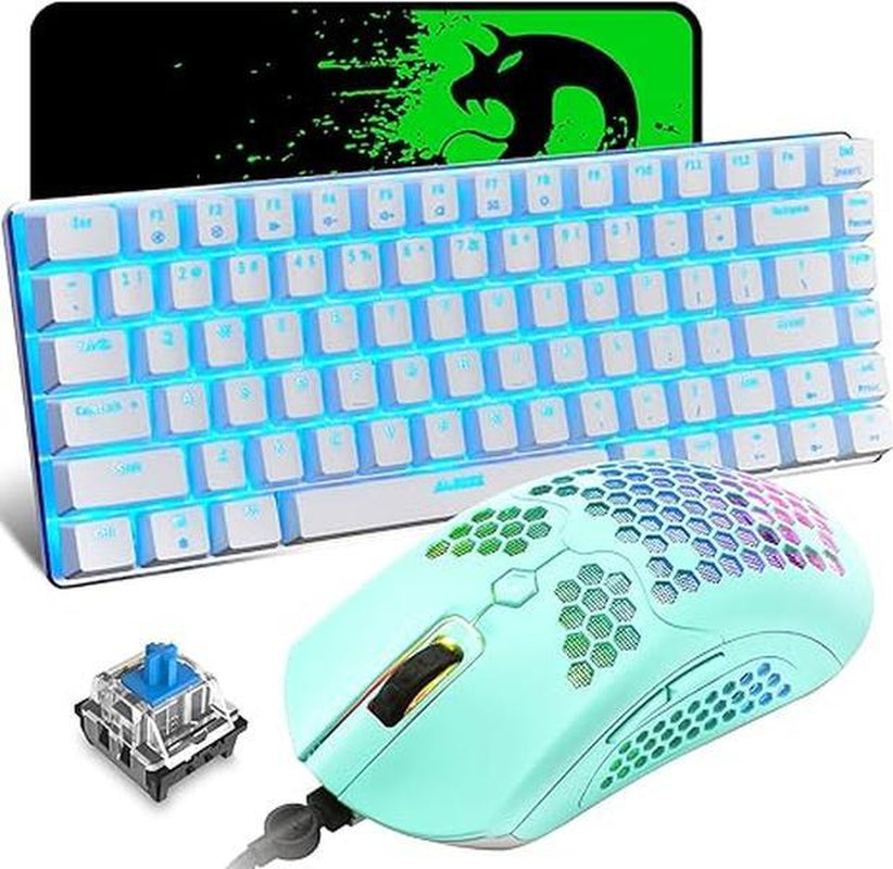 MAMBASNAKE Wired Gaming Keyboard and Mouse Combo,Blue LED Backlit Mechanical Keyboard,12K DPI RGB Ultra Light Gaming Mouse,Gaming Mouse Pad for PC Gamer(Macaron Green)
