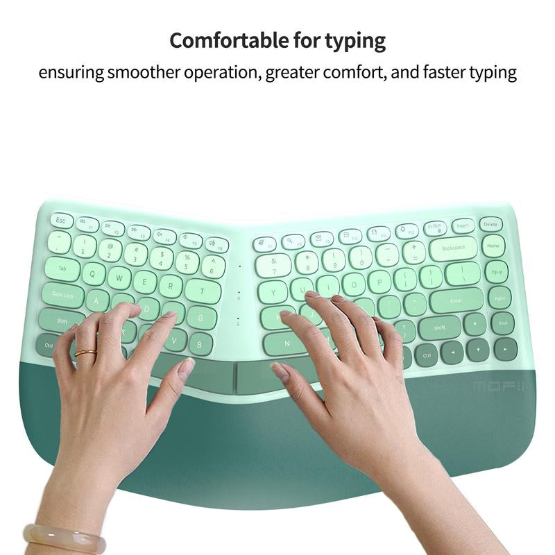 MOFII Ergonomic Design Keyboard and Mouse, 2.4G USB Wireless Comfortable Natural Typing Split Keyboard and Mouse Combo with Palm Rest, for Windows Computer Desktop Laptop ,Green Colorful,Powered by AAA Batteries(Batteries Not Included)