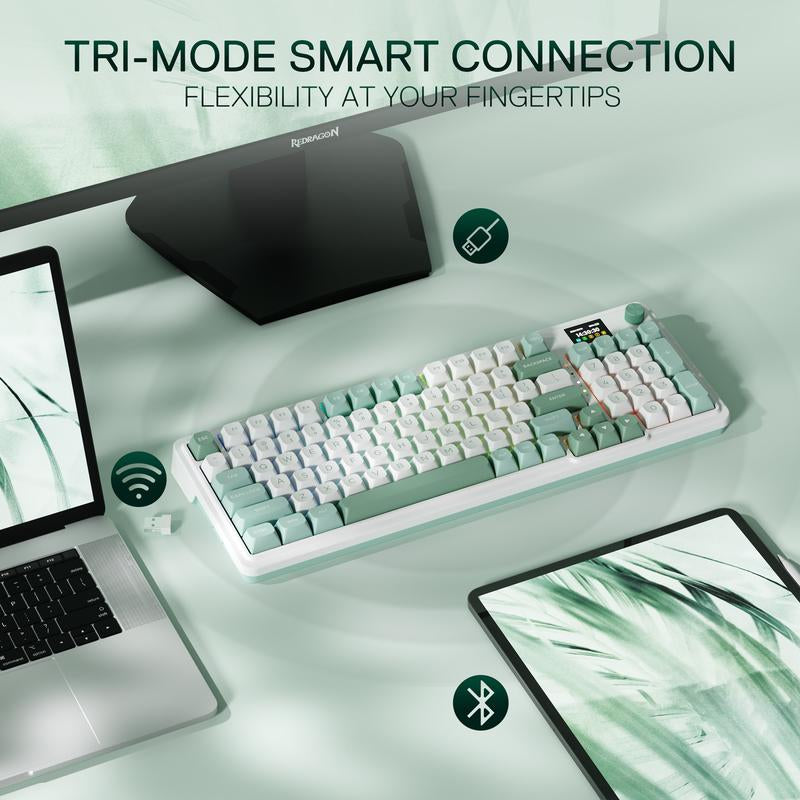 REDRAGON K719 Wireless Gasket Gaming Keyboard with Hype Screen, 95 Keys, 5-Layer Noise Dampening, Custom Linear Switch, Jade Cloud Color