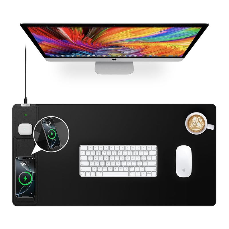 15W Wireless Charging Mouse Pad with Foldable Phone Holder, 31.5"X15.8" Extended Desk Mat for Laptop/Keyboard, Waterproof Ultra-Smooth Surface, Non-Slip Base