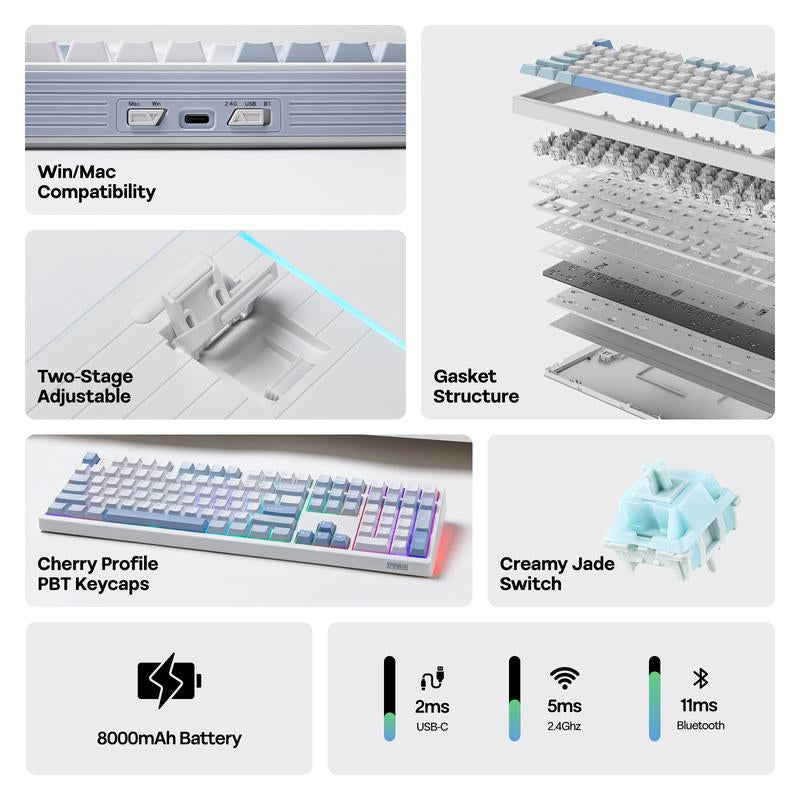 EPOMAKER TH108 Wireless Mechanical Keyboard - 108 Keys, Hot Swappable, RGB Backlit, Tri-Mode Connectivity for PC/Mac/Linux - Perfect for Gaming & Office Use!
