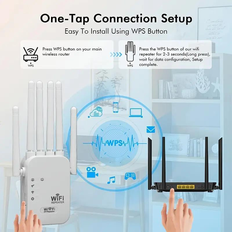 MUNBYN Wifi Extender 2025, 1200Mbps Dual Band Signal Booster (5Ghz/2.4Ghz) Covers up to 10,000 Sq. Ft & Connects 50 Devices | Repeater with Ethernet Port for Home Use