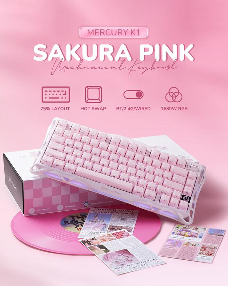 Gravastar Mercury K1 Sakura Pink Wireless Mechanical Gaming Keyboard - Stylish Aluminum Alloy Design, Gasket Hot-Swap, Linear Switches, RGB Backlit
