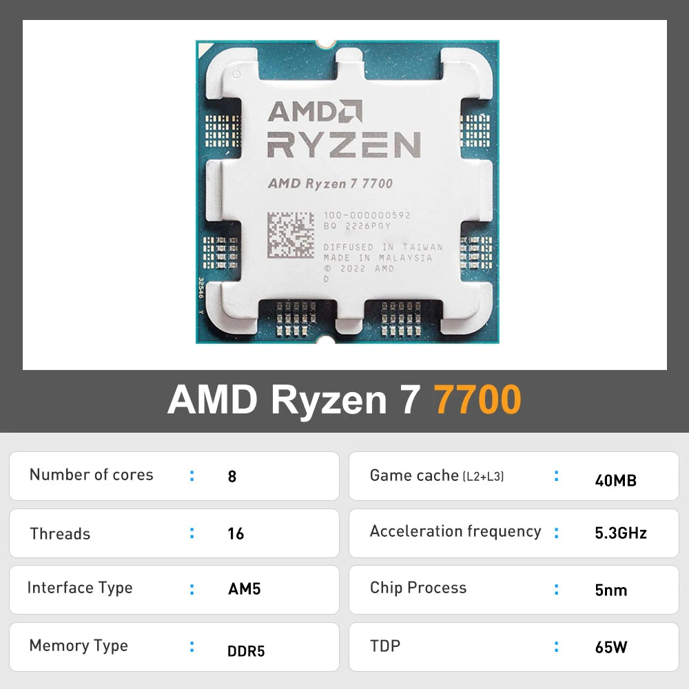 Ryzen 7 7700 5.3GHz 8-Core Gaming CPU with Integrated Graphics - 16 Threads, 40MB Cache, 65W TDP, AM5 Socket