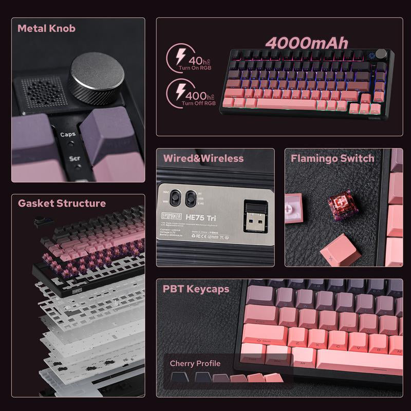 Epomaker HE75 75% Wireless Mechanical Keyboard - RGB Backlight, Metal Knob, Tri-Mode Connectivity for Gaming on Mac/Win