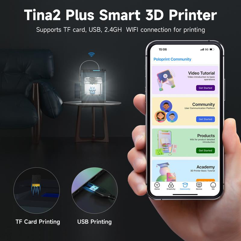 3D Printer Tina2Plus, 250Mm/S Auto Leveling FDM Mini 3D Printer with Spring Steel Platform, Fully Assembled 3D Printer for Kids and Beginners with Wifi 3D Home Printer